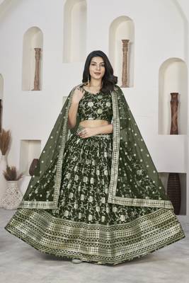 MEHENDI ZARI & SEQUINS EMBROIDERED DOLA JACQUARD DESIGNER WEDDING & PARTY WEAR FESTIVAL SEMI STITCHED LEHENGA 4