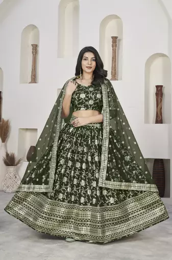 MEHENDI ZARI & SEQUINS EMBROIDERED DOLA JACQUARD DESIGNER WEDDING & PARTY WEAR FESTIVAL SEMI STITCHED LEHENGA
