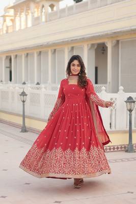 Women's rani pink faux georgette sequins embroidered anarkali dress with dupatta 2