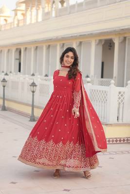 Women's rani pink faux georgette sequins embroidered anarkali dress with dupatta 3