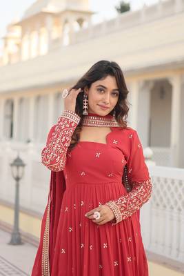 Women's rani pink faux georgette sequins embroidered anarkali dress with dupatta 4