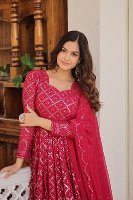 Women's rani pink faux georgette sequins embroidered anarkali dress with dupatta 1