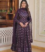 Women's wine faux georgette sequins embroidered anarkali dress with dupatta
