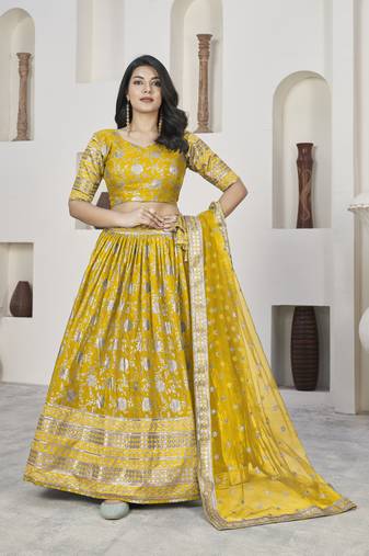 YELLOW ZARI & SEQUINS EMBROIDERED DOLA JACQUARD DESIGNER WEDDING & PARTY WEAR FESTIVAL SEMI STITCHED LEHENGA