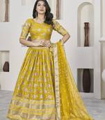 YELLOW ZARI & SEQUINS EMBROIDERED DOLA JACQUARD DESIGNER WEDDING & PARTY WEAR FESTIVAL SEMI STITCHED LEHENGA
