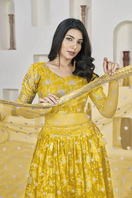 YELLOW ZARI & SEQUINS EMBROIDERED DOLA JACQUARD DESIGNER WEDDING & PARTY WEAR FESTIVAL SEMI STITCHED LEHENGA 2