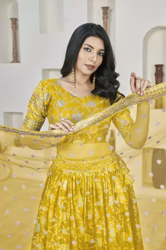 YELLOW ZARI & SEQUINS EMBROIDERED DOLA JACQUARD DESIGNER WEDDING & PARTY WEAR FESTIVAL SEMI STITCHED LEHENGA