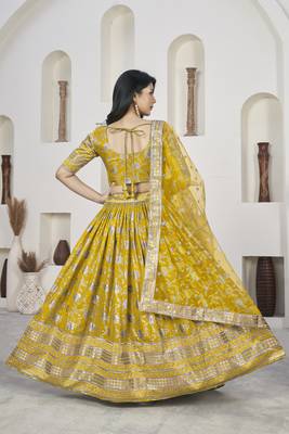 YELLOW ZARI & SEQUINS EMBROIDERED DOLA JACQUARD DESIGNER WEDDING & PARTY WEAR FESTIVAL SEMI STITCHED LEHENGA 3