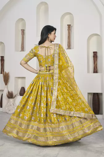 YELLOW ZARI & SEQUINS EMBROIDERED DOLA JACQUARD DESIGNER WEDDING & PARTY WEAR FESTIVAL SEMI STITCHED LEHENGA