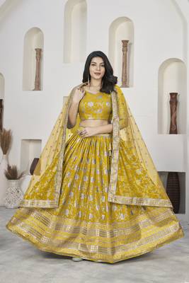 YELLOW ZARI & SEQUINS EMBROIDERED DOLA JACQUARD DESIGNER WEDDING & PARTY WEAR FESTIVAL SEMI STITCHED LEHENGA 4