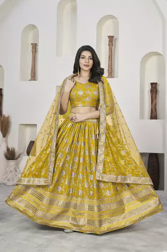 YELLOW ZARI & SEQUINS EMBROIDERED DOLA JACQUARD DESIGNER WEDDING & PARTY WEAR FESTIVAL SEMI STITCHED LEHENGA