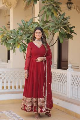 Women's maroon faux georgette sequins embroidered anarkali dress with dupatta 1