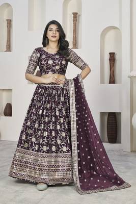 WINE ZARI & SEQUINS EMBROIDERED DOLA JACQUARD DESIGNER WEDDING & PARTY WEAR FESTIVAL SEMI STITCHED LEHENGA 1