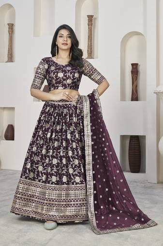 WINE ZARI & SEQUINS EMBROIDERED DOLA JACQUARD DESIGNER WEDDING & PARTY WEAR FESTIVAL SEMI STITCHED LEHENGA