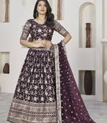 WINE ZARI & SEQUINS EMBROIDERED DOLA JACQUARD DESIGNER WEDDING & PARTY WEAR FESTIVAL SEMI STITCHED LEHENGA