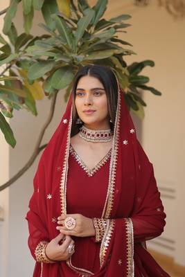 Women's maroon faux georgette sequins embroidered anarkali dress with dupatta 3