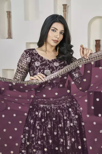 WINE ZARI & SEQUINS EMBROIDERED DOLA JACQUARD DESIGNER WEDDING & PARTY WEAR FESTIVAL SEMI STITCHED LEHENGA