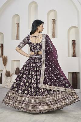 WINE ZARI & SEQUINS EMBROIDERED DOLA JACQUARD DESIGNER WEDDING & PARTY WEAR FESTIVAL SEMI STITCHED LEHENGA 3