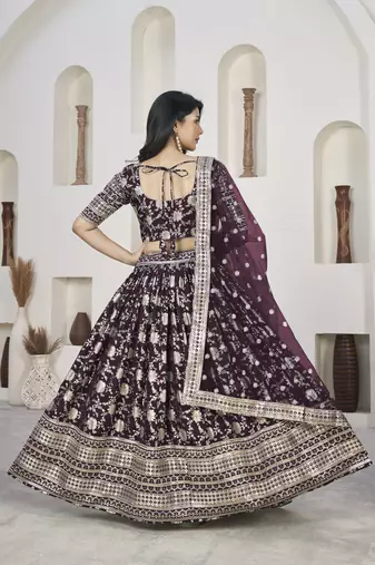 WINE ZARI & SEQUINS EMBROIDERED DOLA JACQUARD DESIGNER WEDDING & PARTY WEAR FESTIVAL SEMI STITCHED LEHENGA