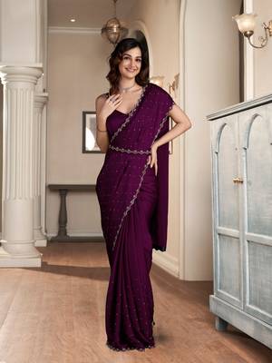 Trendmalls Wine Soft Satin Fabric With Swarovski Work and Designer Belt Saree 1