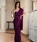 Wine Soft Satin Fabric With Swarovski Work and Designer Belt Saree