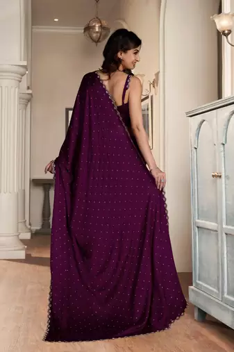 Trendmalls Wine Soft Satin Fabric With Swarovski Work and Designer Belt Saree