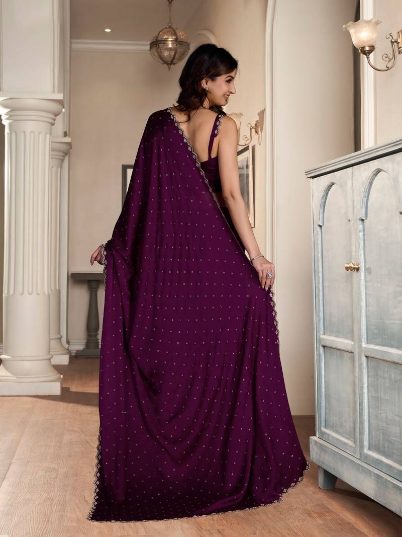 Wine Soft Satin Fabric With Swarovski Work and Designer Belt Saree