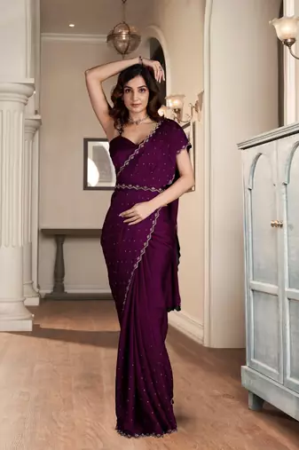 Trendmalls Wine Soft Satin Fabric With Swarovski Work and Designer Belt Saree