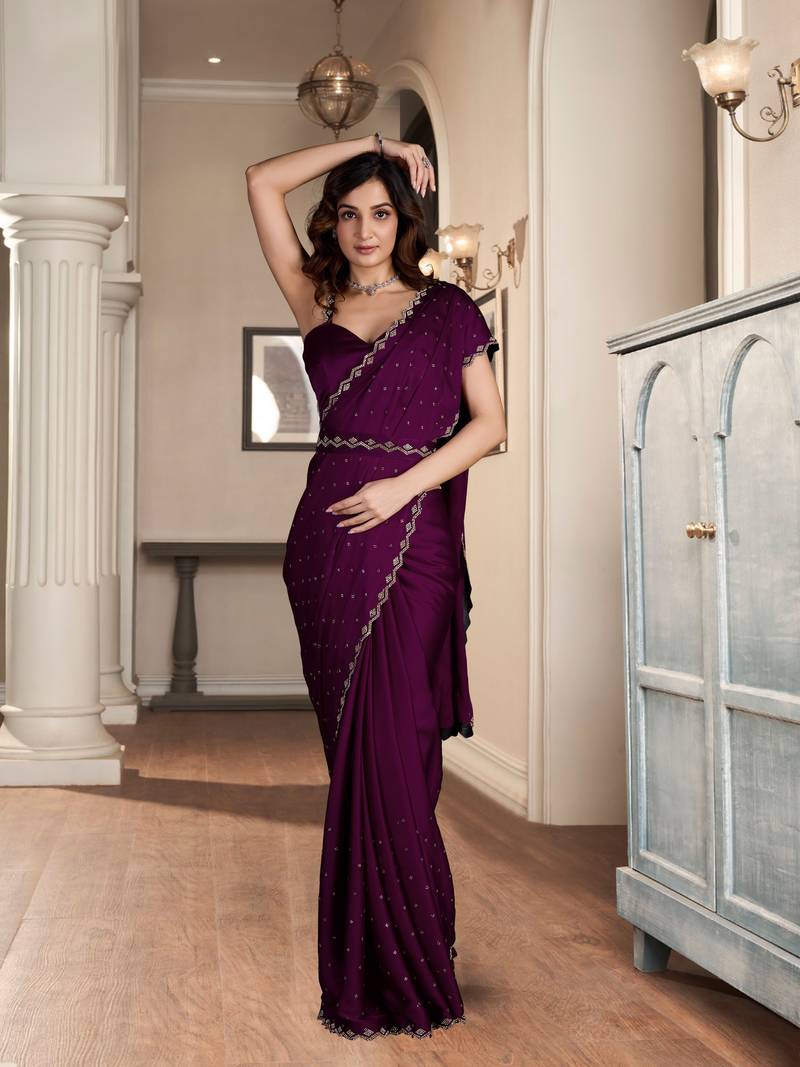 Wine Soft Satin Fabric With Swarovski Work and Designer Belt Saree