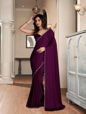 Trendmalls Wine Soft Satin Fabric With Swarovski Work and Designer Belt Saree 4