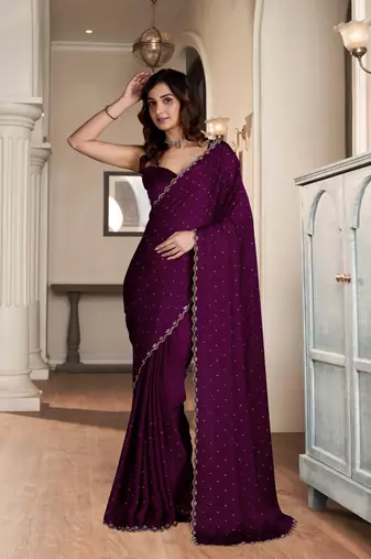 Trendmalls Wine Soft Satin Fabric With Swarovski Work and Designer Belt Saree