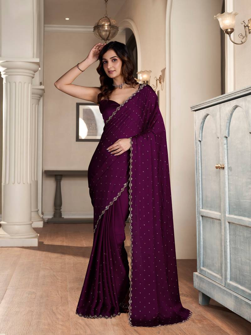 Wine Soft Satin Fabric With Swarovski Work and Designer Belt Saree