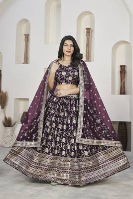 WINE ZARI & SEQUINS EMBROIDERED DOLA JACQUARD DESIGNER WEDDING & PARTY WEAR FESTIVAL SEMI STITCHED LEHENGA 4