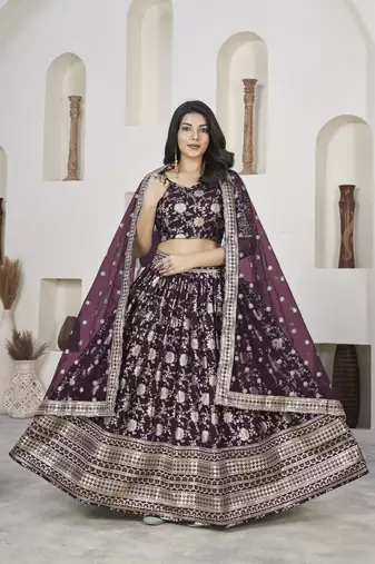 WINE ZARI & SEQUINS EMBROIDERED DOLA JACQUARD DESIGNER WEDDING & PARTY WEAR FESTIVAL SEMI STITCHED LEHENGA