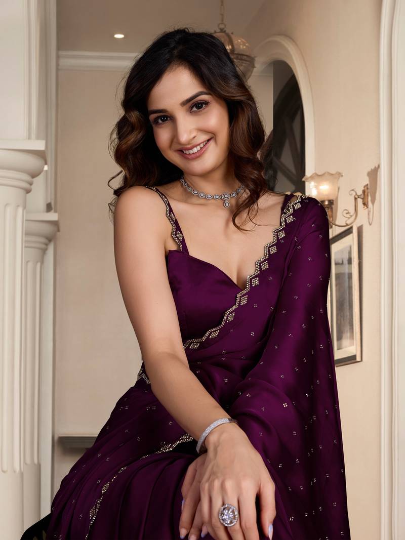 Wine Soft Satin Fabric With Swarovski Work and Designer Belt Saree