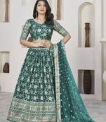TURQUOISE ZARI & SEQUINS EMBROIDERED DOLA JACQUARD DESIGNER WEDDING & PARTY WEAR FESTIVAL SEMI STITCHED LEHENGA