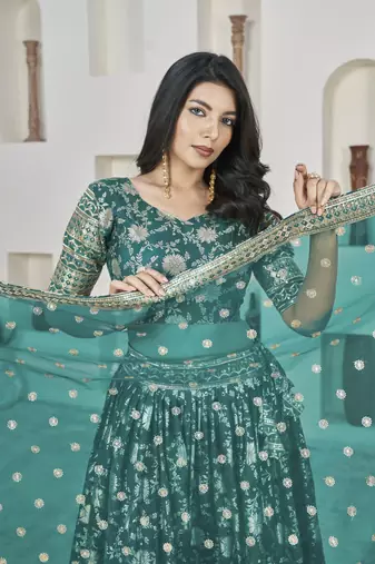 TURQUOISE ZARI & SEQUINS EMBROIDERED DOLA JACQUARD DESIGNER WEDDING & PARTY WEAR FESTIVAL SEMI STITCHED LEHENGA