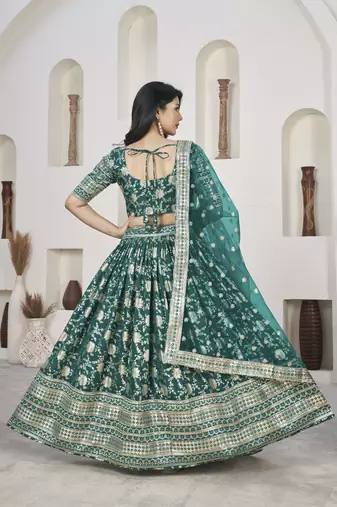 TURQUOISE ZARI & SEQUINS EMBROIDERED DOLA JACQUARD DESIGNER WEDDING & PARTY WEAR FESTIVAL SEMI STITCHED LEHENGA