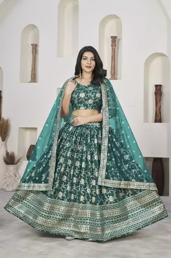 TURQUOISE ZARI & SEQUINS EMBROIDERED DOLA JACQUARD DESIGNER WEDDING & PARTY WEAR FESTIVAL SEMI STITCHED LEHENGA