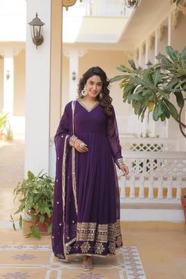 Women's purple faux georgette sequins embroidered anarkali dress with dupatta 1