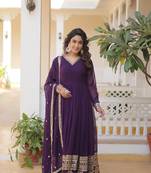Women's purple faux georgette sequins embroidered anarkali dress with dupatta