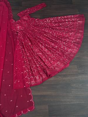 Women's rani pink faux georgette sequins embroidered anarkali dress with dupatta 2