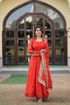 Women's orange russian silk kali pattern work in flair anarkali dress with dupatta 1