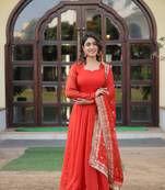 Women's orange russian silk kali pattern work in flair anarkali dress with dupatta