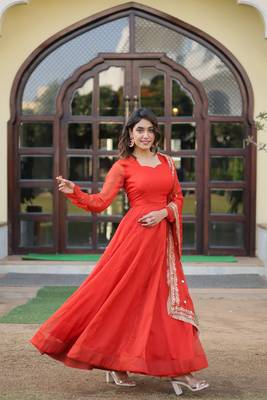 Women's orange russian silk kali pattern work in flair anarkali dress with dupatta 2