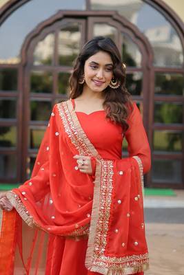 Women's orange russian silk kali pattern work in flair anarkali dress with dupatta 3