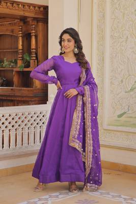 Women's purple russian silk kali pattern work in flair anarkali dress with dupatta 1