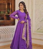 Women's purple russian silk kali pattern work in flair anarkali dress with dupatta