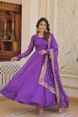 Women's purple russian silk kali pattern work in flair anarkali dress with dupatta 2