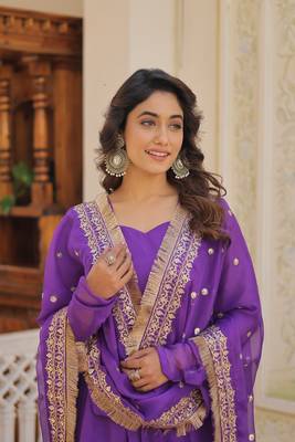 Women's purple russian silk kali pattern work in flair anarkali dress with dupatta 3